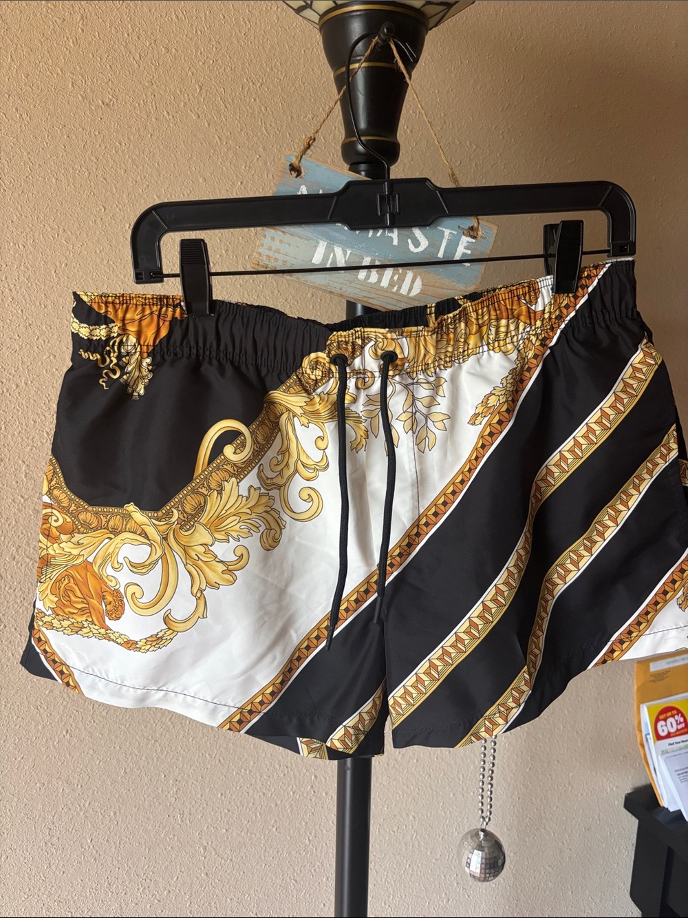 VERSACE Men’s Black & Gold Baroque Print Drawstring Shorts